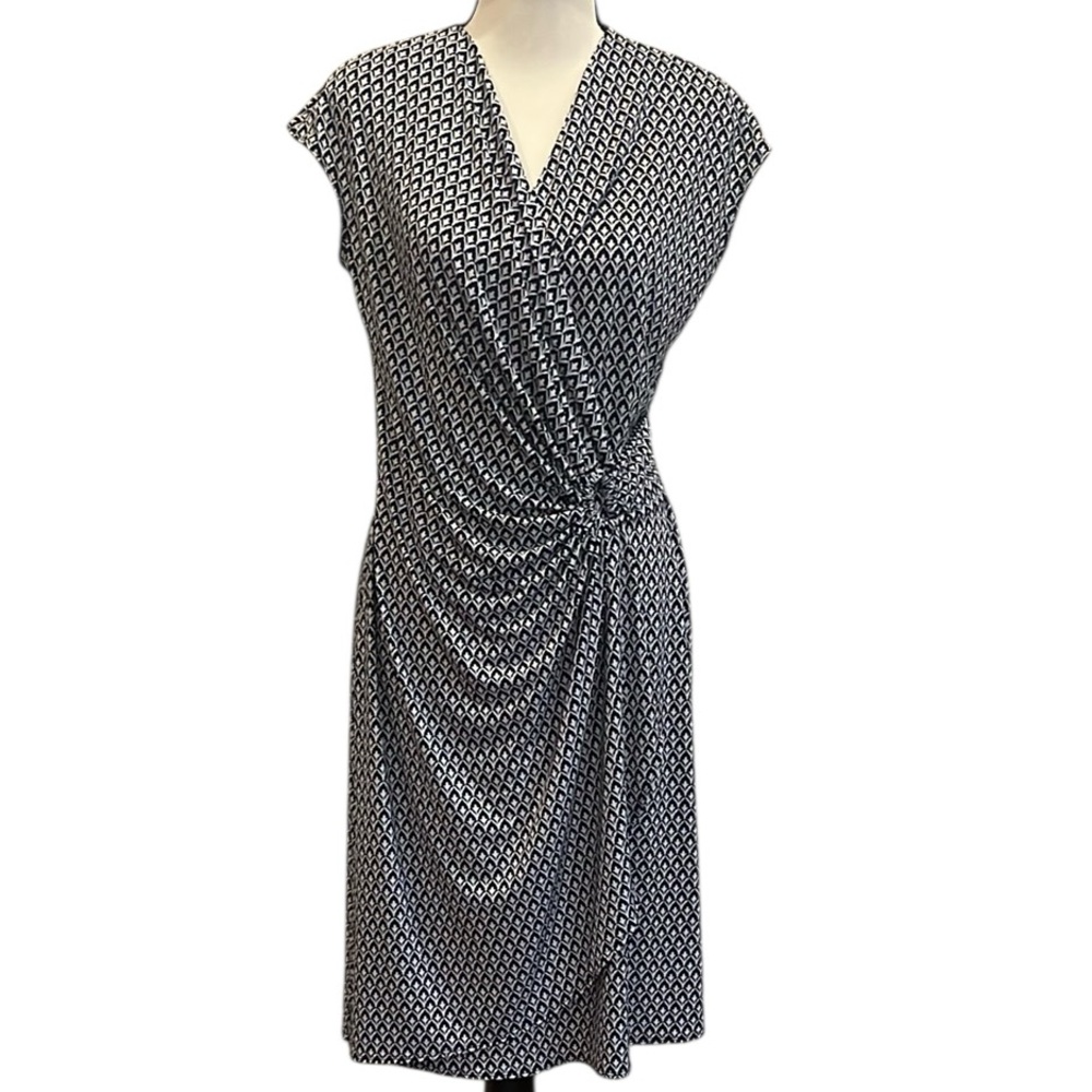 Tommy Bahama Clara Island Navy and White Ruched Faux Wrap Midi Dress Small